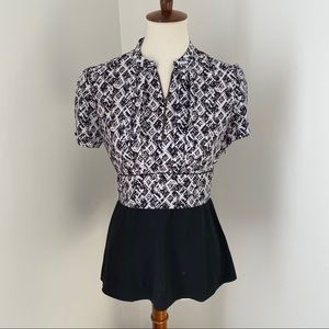 Anthropologie Black and White Patterned Short Sleeve Peplum Top
